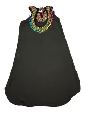 Black Tank Dress with Multicolor Crochet Neckline. Hi-Low pattern.